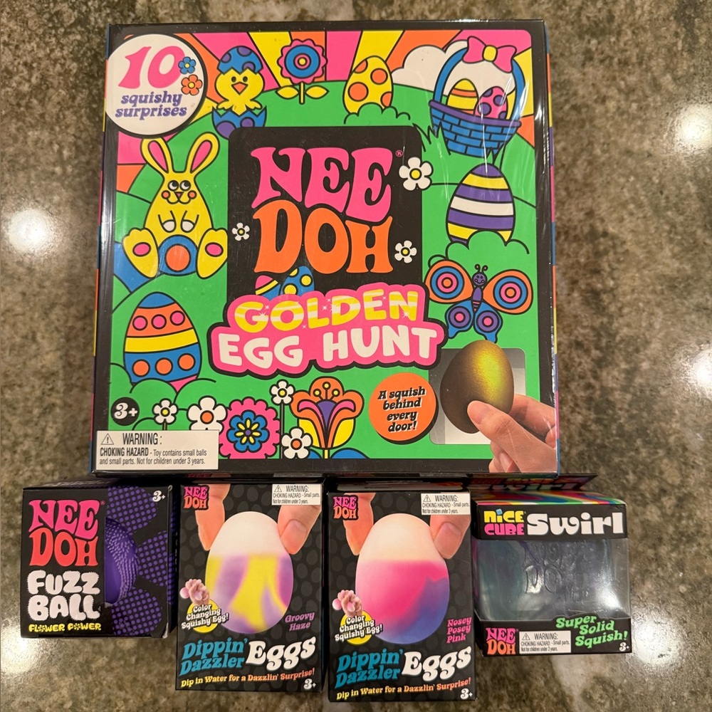 Nee Doh Golden Egg Hunt
2 Dipping Dazzler Egg
1Flower Fuzz Ball
1 Nice Cue Swirl - Picture 2 of 2